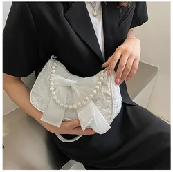 Pearl Female Bag Retro Luxury Designer Handbag Bow Crossbody Bags Fashion Canvas Women's 2024 Trend Shoulder bag Purses