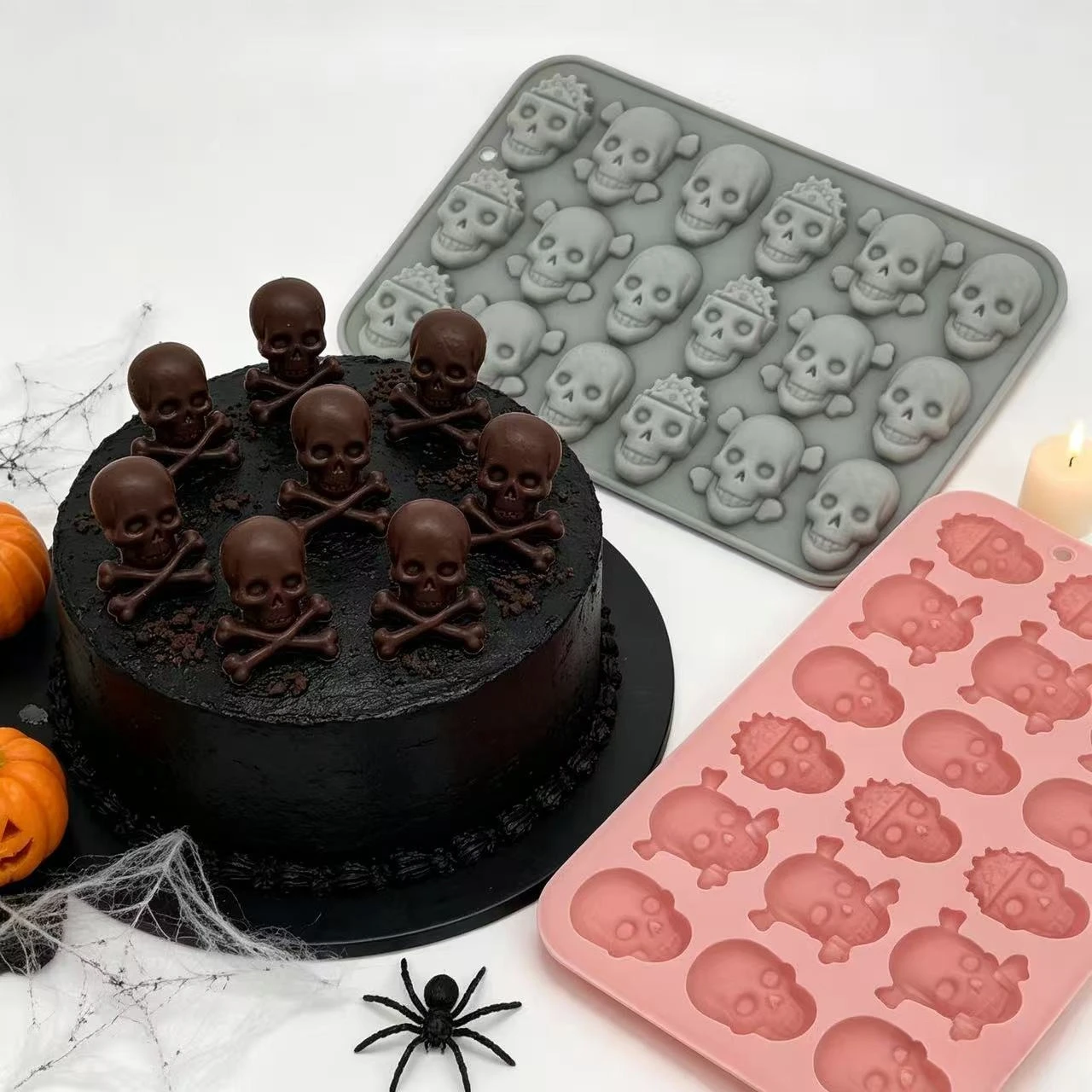 18 Cavity Pirate Skull Silicone Chocolate Mold Skeleton Head Non-Stick DIY Candy Jelly Fondant Halloween Party Baking Mould