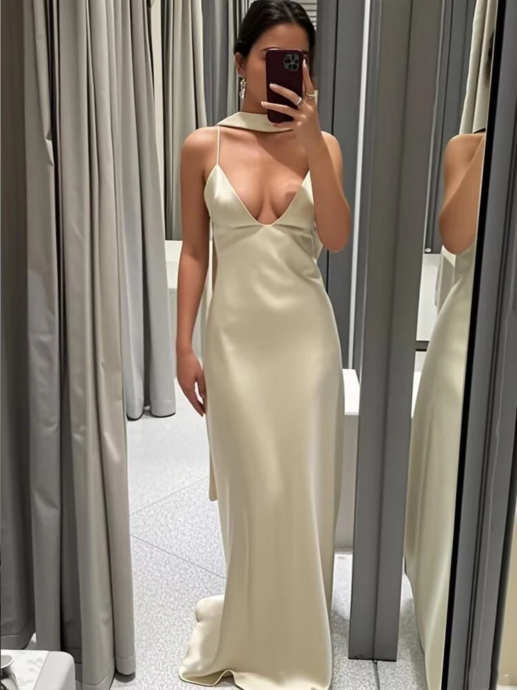 

Ticketsx Scarf Ribbon V Neck Halter Neck Sling Dress Summer Backless Ruched High Waist Long Dress Elegant Party Evening Dress