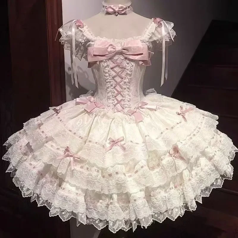Japanese Sweet Lolita Kawaii Mini Dresses For Women Bow Design Princess Short Dress Female Cute Lace Birthday Party Vestidos
