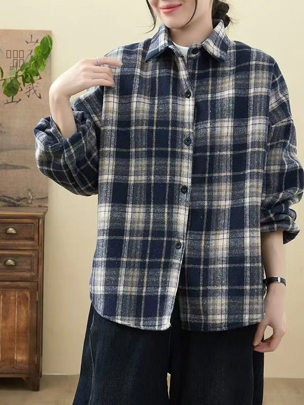 

Thiened Woolen Plaid irt Women's Loose Mid-Length Spring Autumn New Hong Kong Sle Versatile irt Coat Trendy