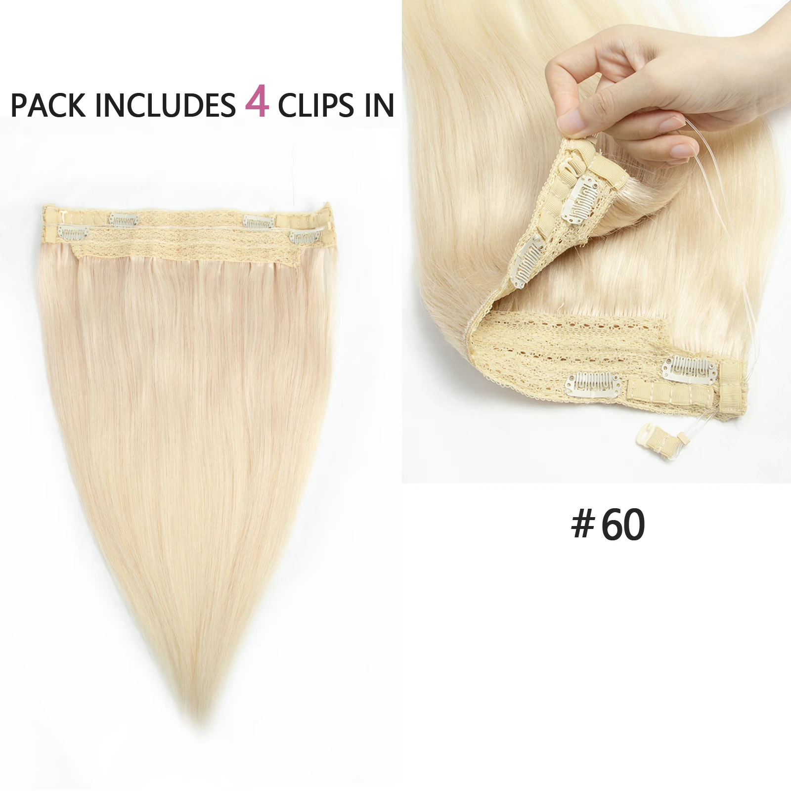 MRS HAIR Halo Hair Wire in Hair Extensions Human Hair Straight Fish Line Natural Hair Extensions With 4 Clips Weft