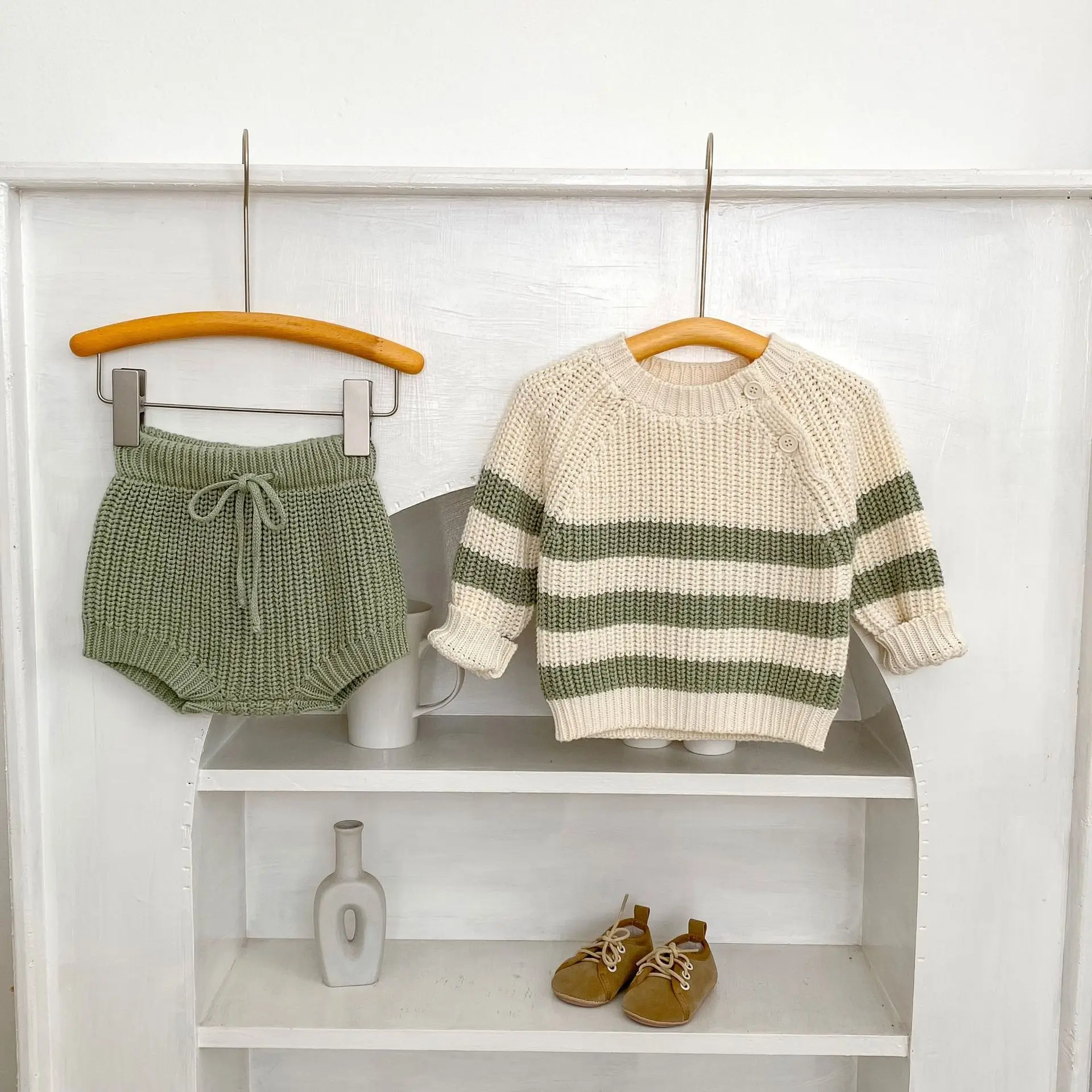2026 Autumn Baby Knit Stripe Set Korean Style Toddler 2-Piece Outfit with Sweater & Shorts for Newborn 0-3 Years Soft Cotton