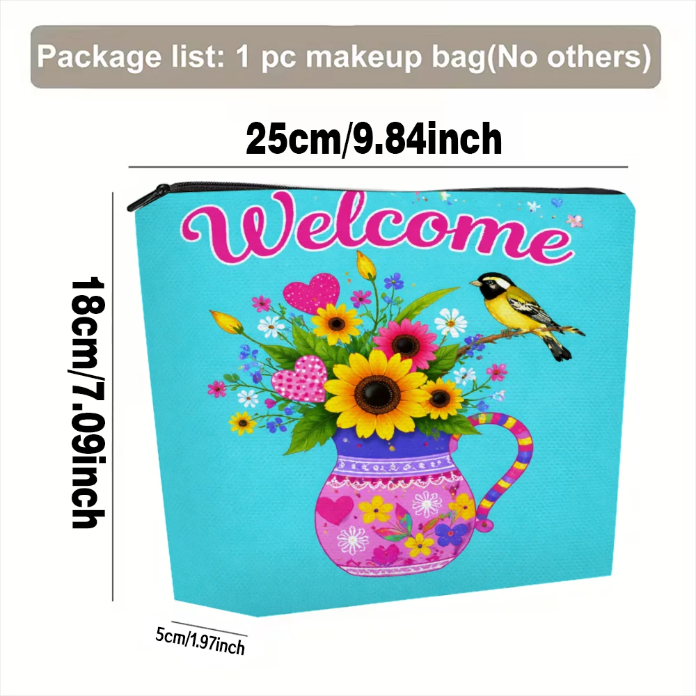 Welcome Flowers Bird Vase Pattern Makeup Bags for Girls Cosmetic Pouch Toiletry Bag Pencil Case Travel Storage