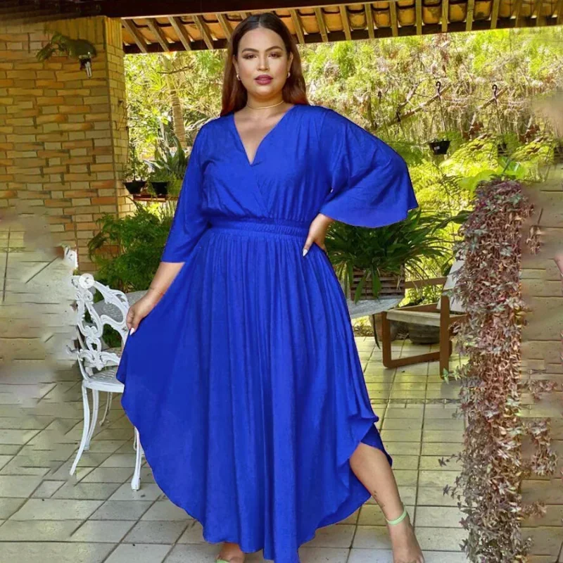 Kexu plus size feminino cintura alta com decote em v grande balanço ruched lado maxi vestido longo 2024 nova primavera elegante moda vestidos sólidos