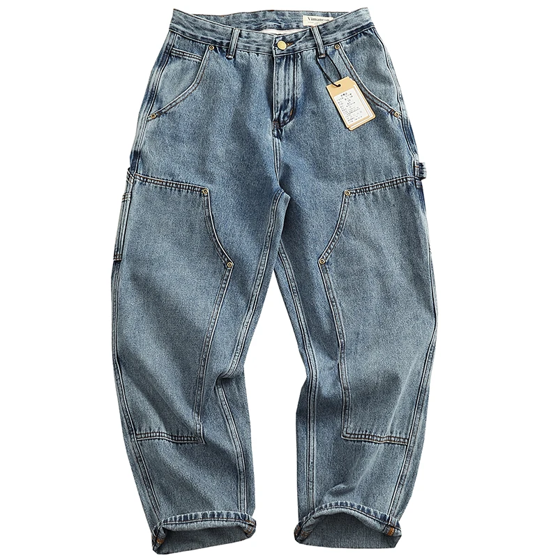 الرجعية الأمريكية سجل قطع الجينز الرجال فضفاض مستقيم الساق مدبب الدنيم السراويل العصرية يغرق المرقعة السراويل الطويلة