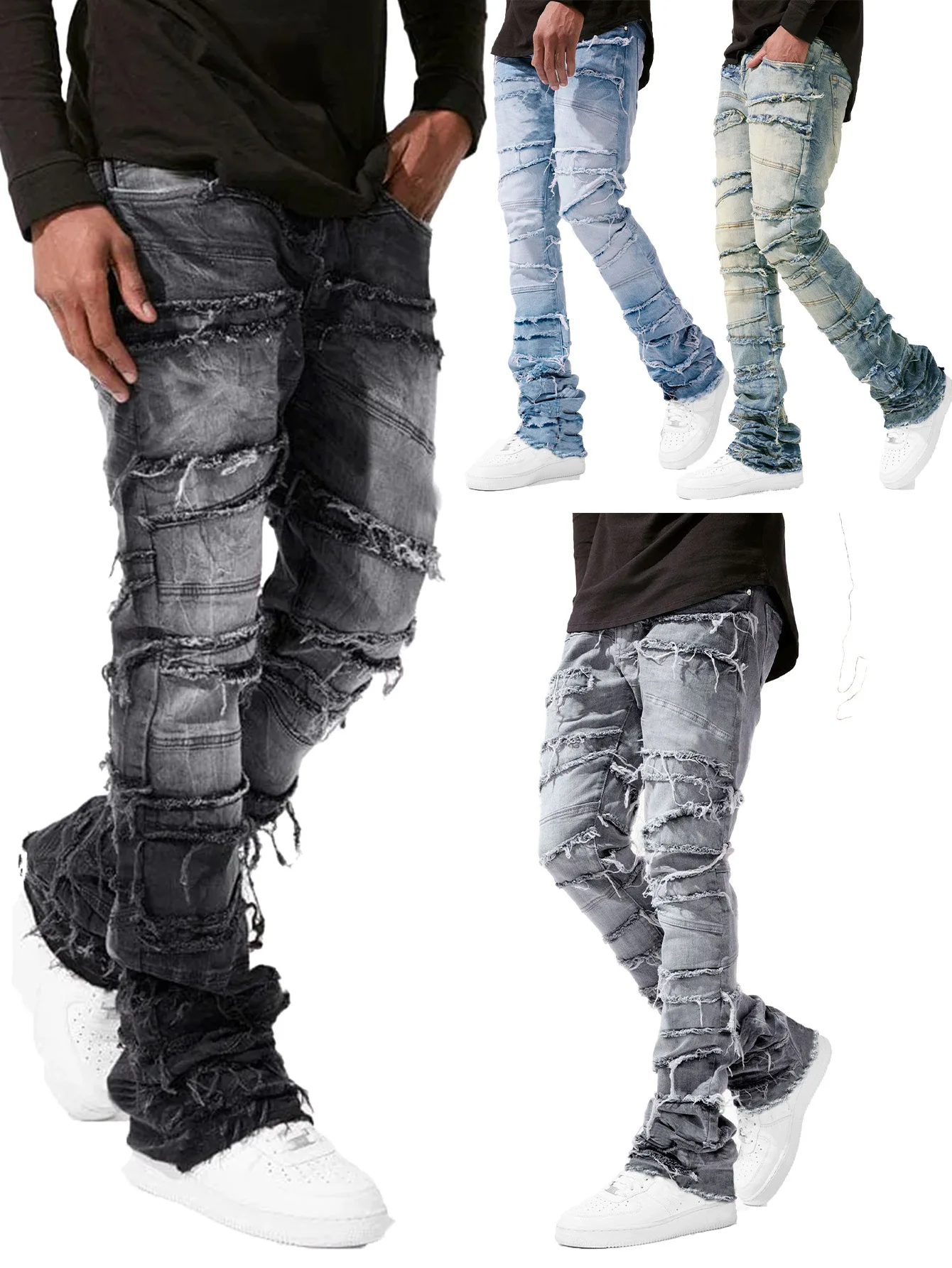 

New Stacked Jeans Men Patchworks Spliced Denim Ripped Wash Frayed Pants Male's Streetwear