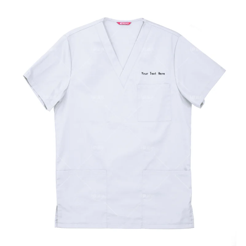 Men's Embroidered Scrub Top Nursing Uniform Blouse Short Sleeve V-Neck Working Top with Pockets