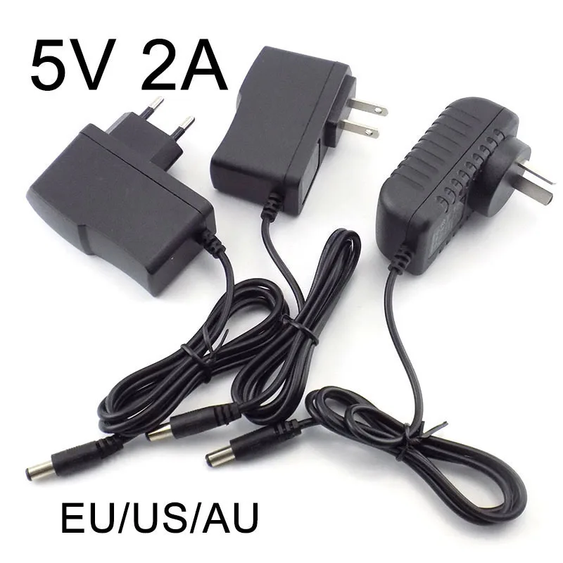 Adaptador de alimentação AC para DC, carregador conversor, EUA e UE Plug, Faixa de LED, CCTV Camer L1, DC 5V a 100V-240V, 2000mAh, 5,5mm x 2,1mm