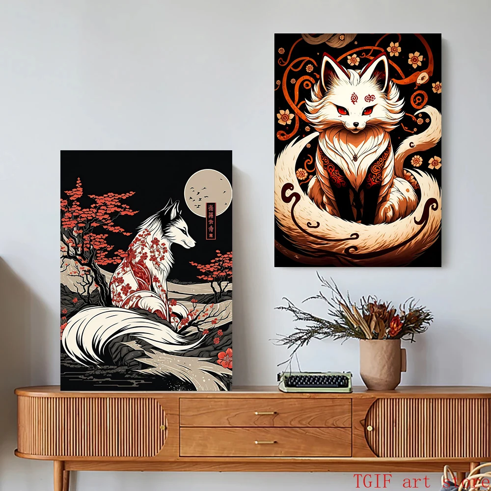 Okami Amaterasu The Fox Japanese 80s Vintage Style Painting Canvas Print Posters for Living Room Wall Art Pictures Home Decor