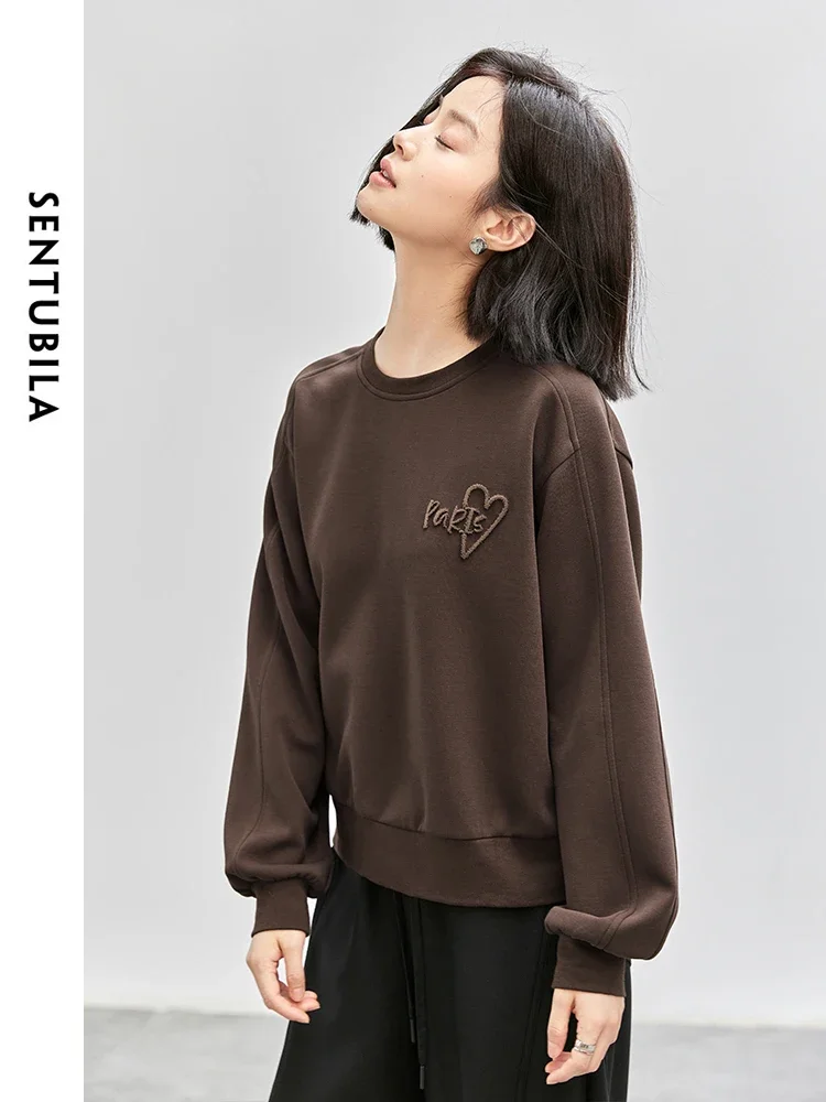 SENTUBILA Letter Embroidered Cotton Sweatshirts for Women 2024 Autumn O Neck Simple Loose Casual Simple Pullover Top 143A56423