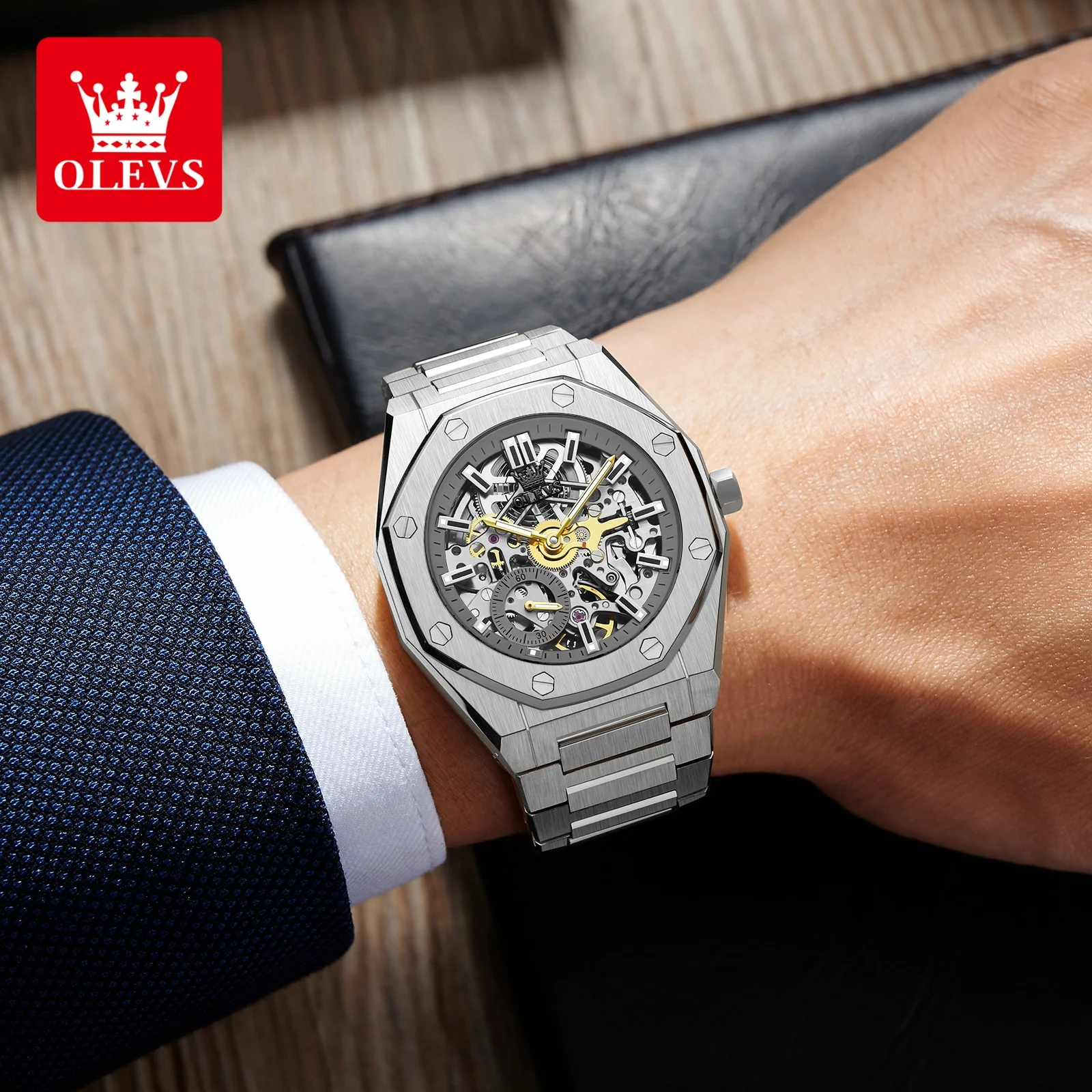 OLEVS 6669 ساعات أوتوماتيكية للرجال ساعات رجالية ميكانيكية مجوفة بالكامل من الفولاذ المقاوم للصدأ مقاومة للماء ساعة رجالية فاخرة مضيئة #4