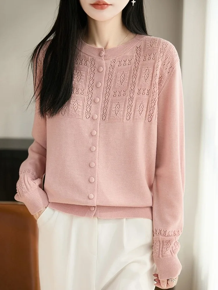 

Spring New Loose Sle Women's Knitted Woolen Cardigan f High Collar Hollow out Faionable Top Casual Soft Long Sve