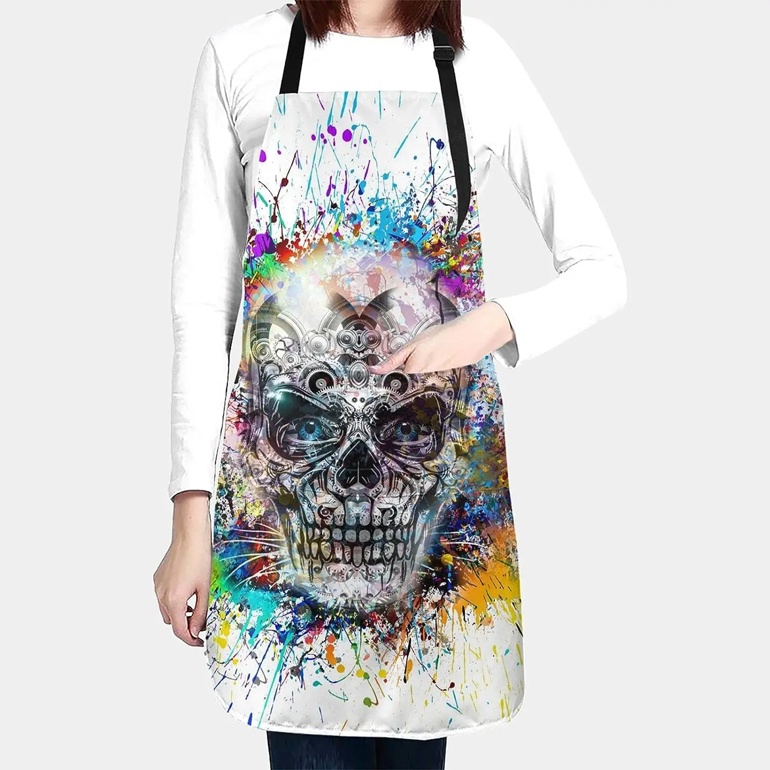 Halloween Skull Colorful Splash Waterproof Apron with 2 Pockets Kitchen Chef Bib for Men Women Cooking BBQ Drawing Gardening