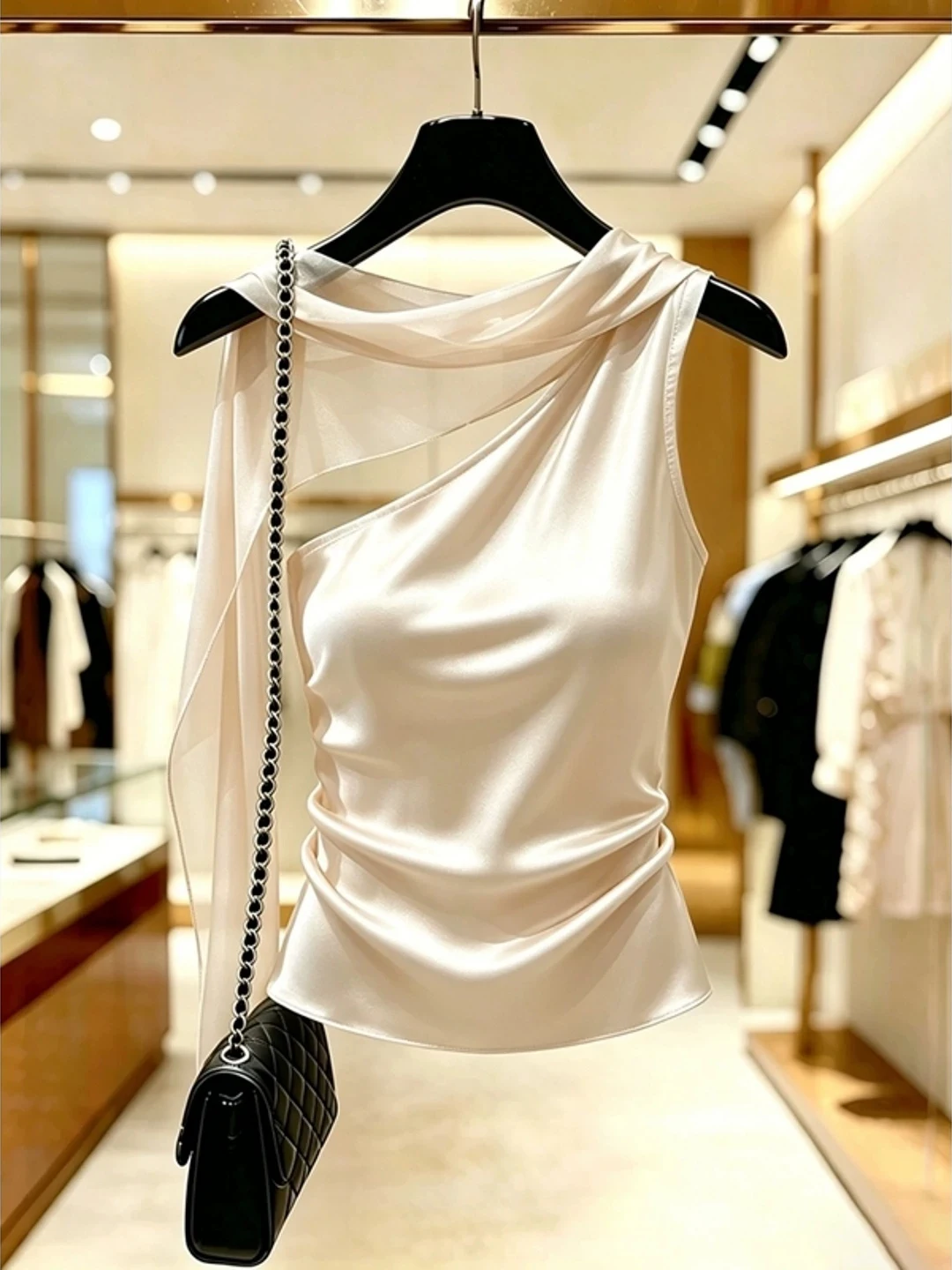 

Design Sensation Shoulder Bared Sleeveless Commute Style Women's Top Korean Version Straight Cut Silken Fabric Summer 2026
