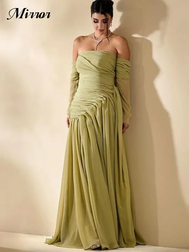 

Mirror Dress Elegant Vintage Green Simple Ruffle Strapless A-Line Gloves Formal Occasion Prom Dress Evening Party Gowns