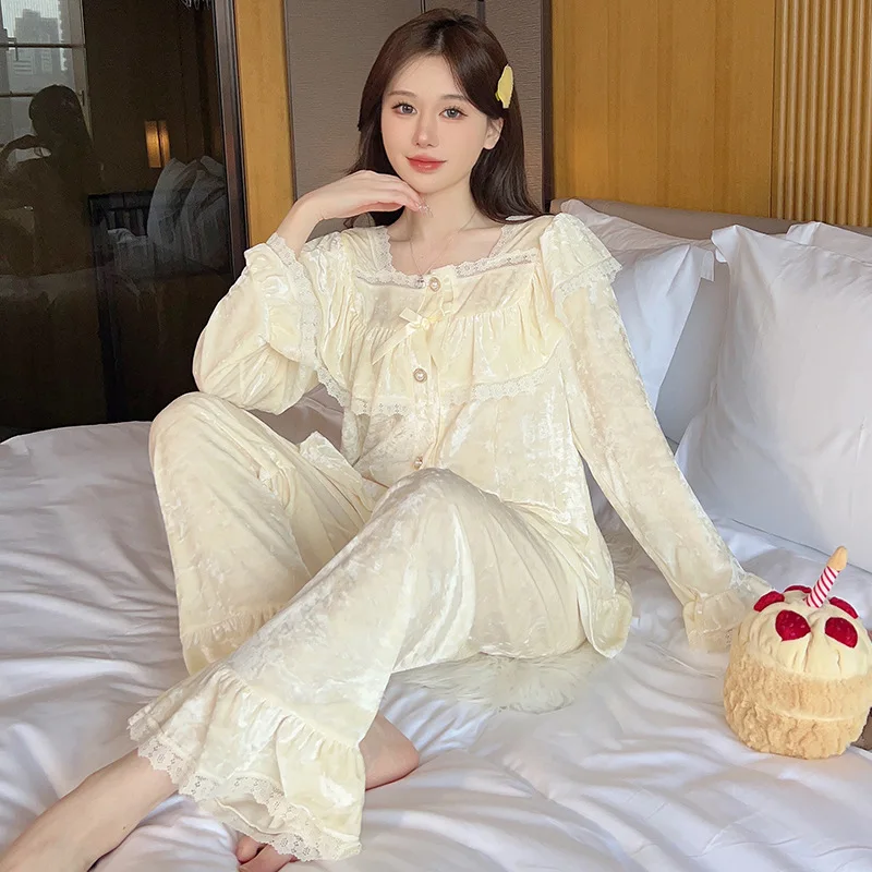 Pajama Set Women\'s Velvet Long Sleeve Lace Sweet Princess Palace Style Sleepwear Home Wear Loose Casual Nightwear Velour Pijama