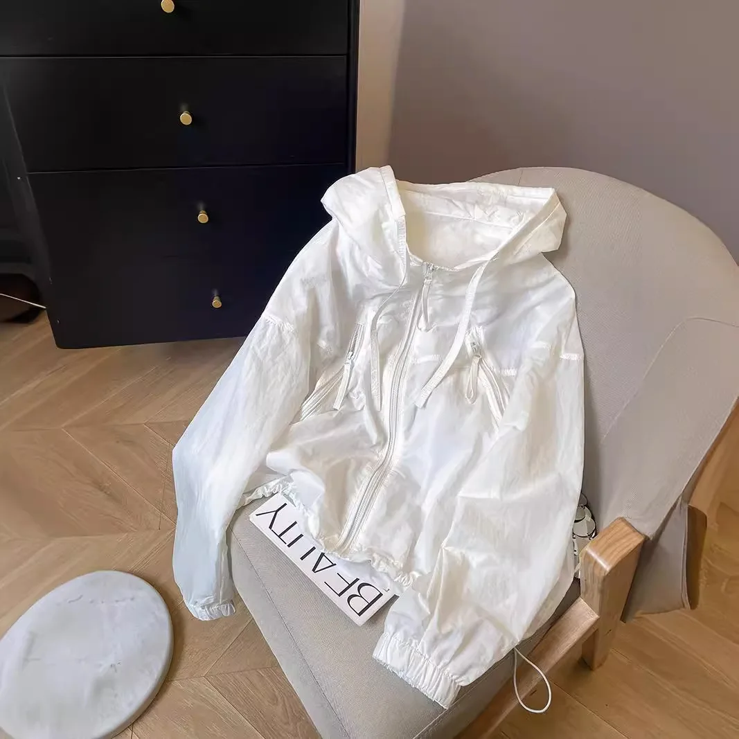White Thin Sun Protection Clothing For Women Summer Drawstring Hooded Loose Breathable
