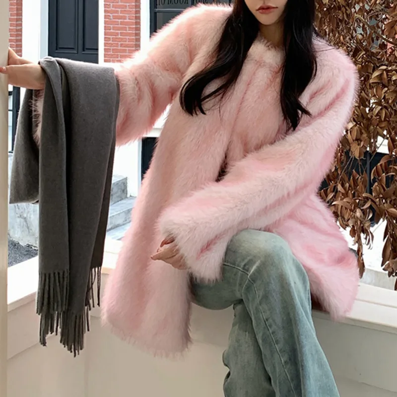 [EWQ] Fashion Casual Faux Fox Fur Coat Long Sleeve Solid Colors Keep Warm Thicken Plush Fur Overcoats 2024 Winter New 16O3735