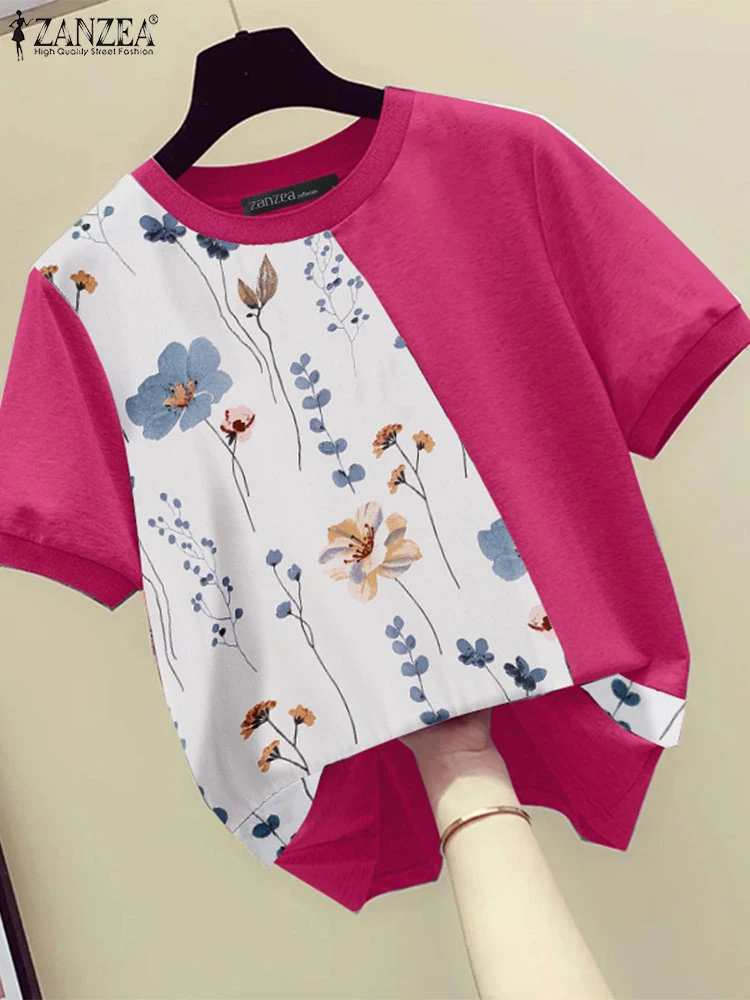 ZANZEA Comfy O Neck Tees Summer 2024 Short Sleeve Floral Printed Patchwork Women Blouses Tops Daily Color Block Casual T-shirts