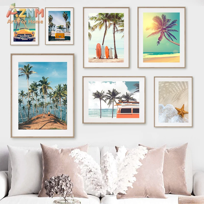 AZNM Retro Summer Beach Canvas Wall Art Print, Palm Tree and Surfboard Tropical Decor, No Frame