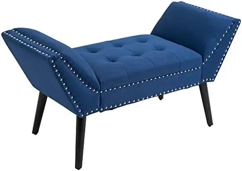 

Button Tufted Sitting Bench, Accent Fabric Upholstered Ottoman for Bedroom or Living Room, Blue