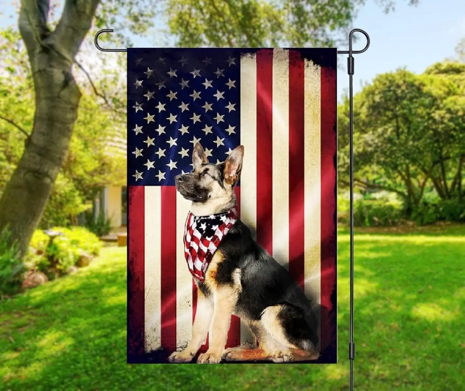 German Shepherd GSD American Flag USA Sublimated Double Sided Deluxe Garden Flag ; 3ply 600 Denier 110 Knitted Polye