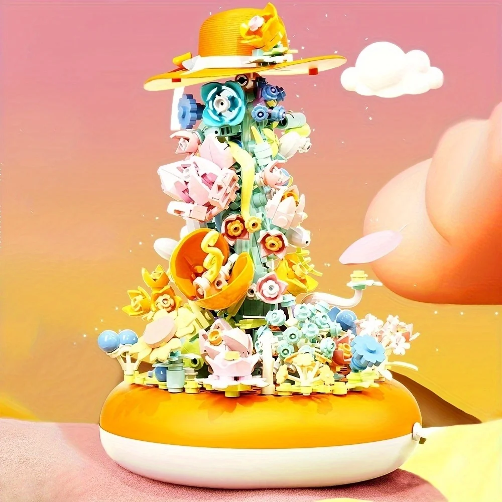 

575 шт., шляпа-букет, музыкальная шкатулка, модель, набор строительных блоков, очаровательные архитектурные шедеврики для украшения, подарки на день рождения