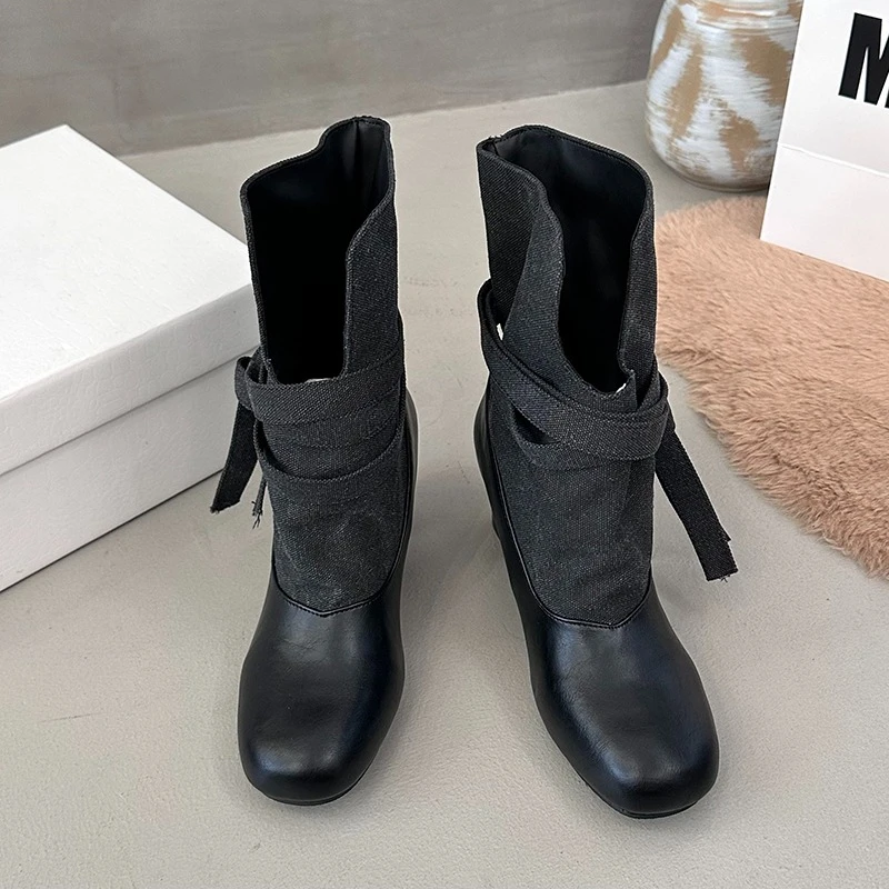 2026 New Autumn and Winter Retro Lace-Up Pants Boots, Versatile Chunky Heel Western Cowboy Boots