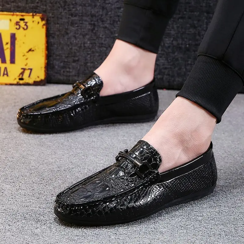 Round Toe Loafers Animal Print Office Moccasin Leather Shoes for Men Soft Flat Man Casual Shoe Classic Original Legitimate Pu