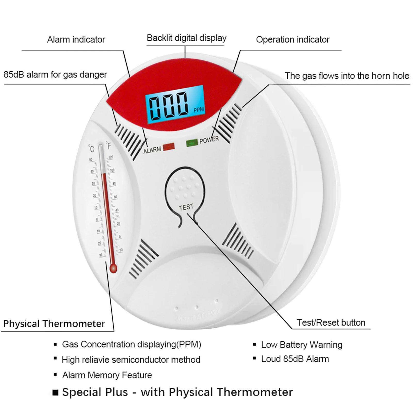 Combination Smoke and Carbon Monoxide Alarm Thermometer Decoration Carbon Monoxide Detector Battery Operated Smoke And Co Alarm