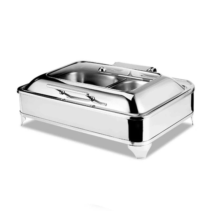 

Hotel restaurant stainless steel hydraulic buffet supplies server glass lid food warmer chafing dish with 2pcs 1/2 pan