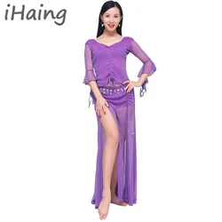 2pcs Oriental Belly Dance Short Sleeves Top   Split Skirt Costume Clothes Set Women Dancing Practice Lesson Outfit Bellydance