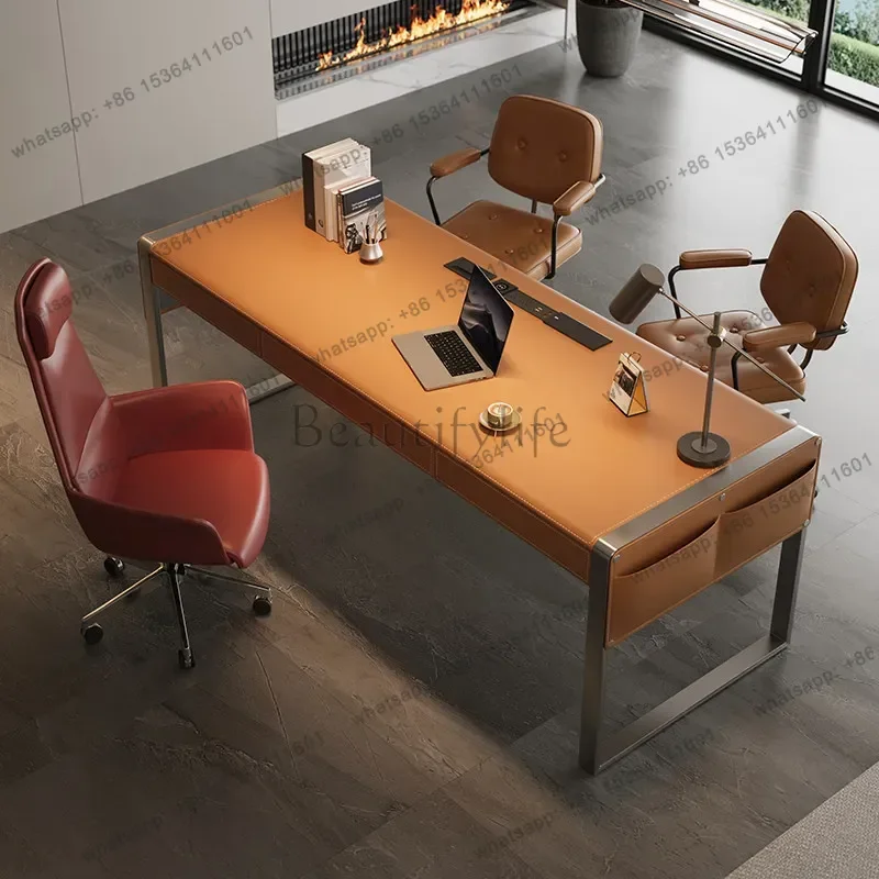 LJY Office Desks And Workstations Study Table Light Luxury And High End Saddle Leather Room Desks Computer Desk Room Offices
