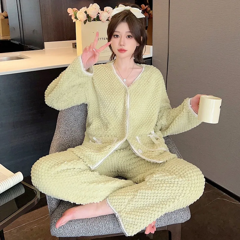 Coral Velvet Pajamas Autumn Winter Women Thickened Fleece-lined Casual Homewear Suit Female Flannel Warm Large Size Nightclothes