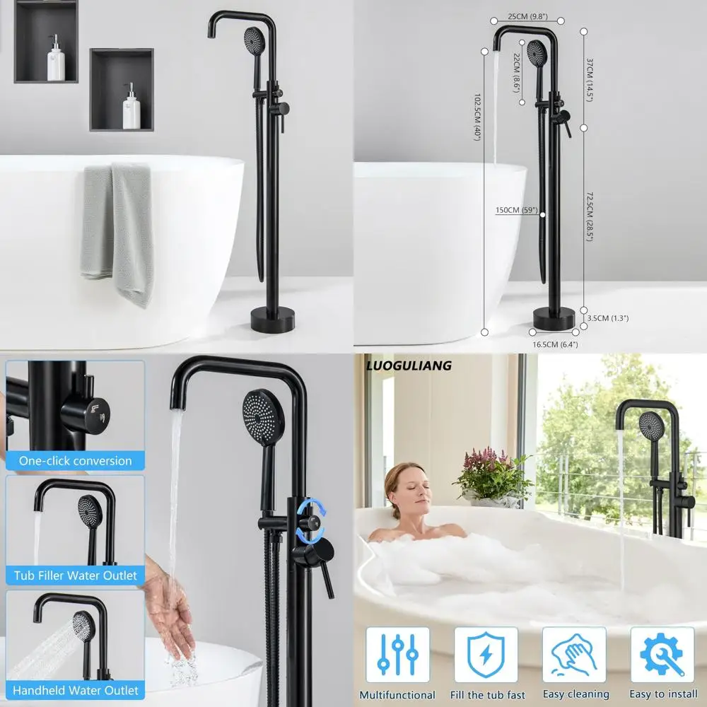 

Freestanding Bathtub Faucet with Floor Mount and Dual Water Outlet Modes, Swivel Spout for 5 Functions, Right Angle Design for M