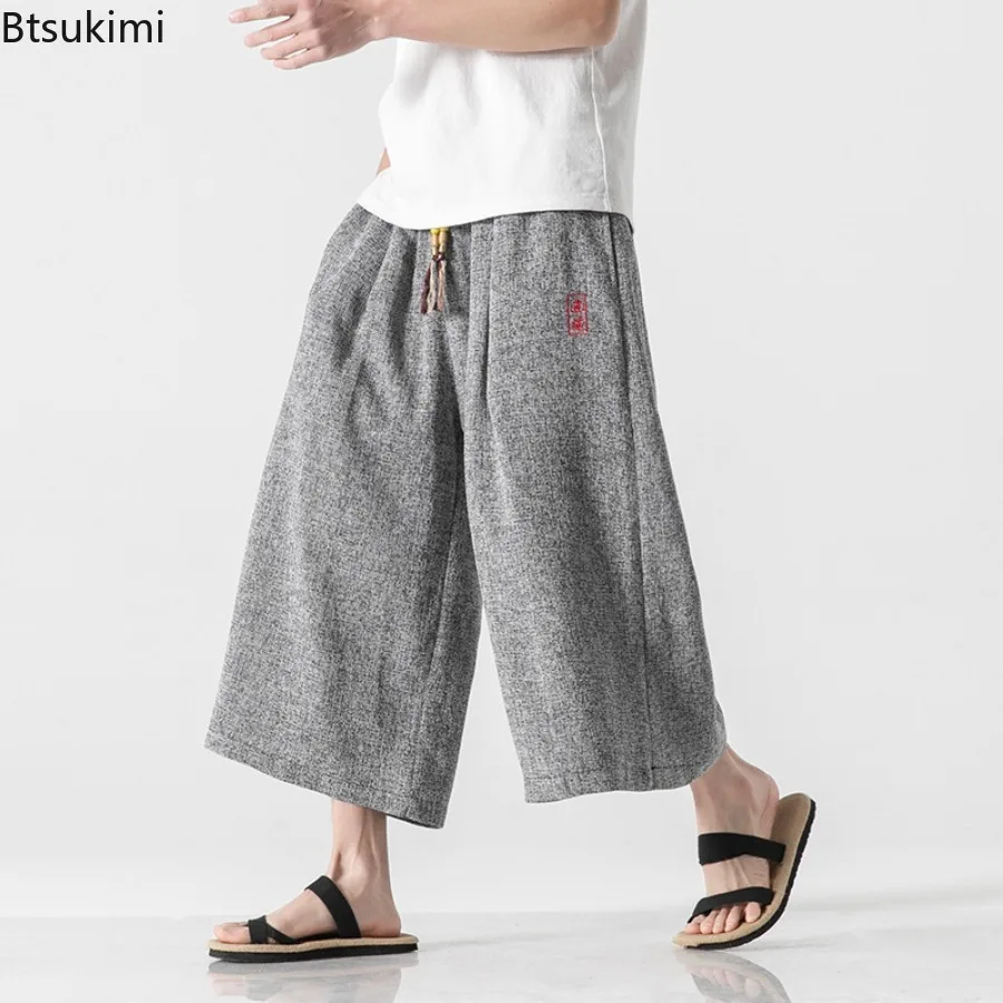 

Summer Chinese Style Wide Leg Pants Men's Bath Pant Samurai Harajuku Casual Loose Capri Pants Yukata Wide Leg Trousers for Men