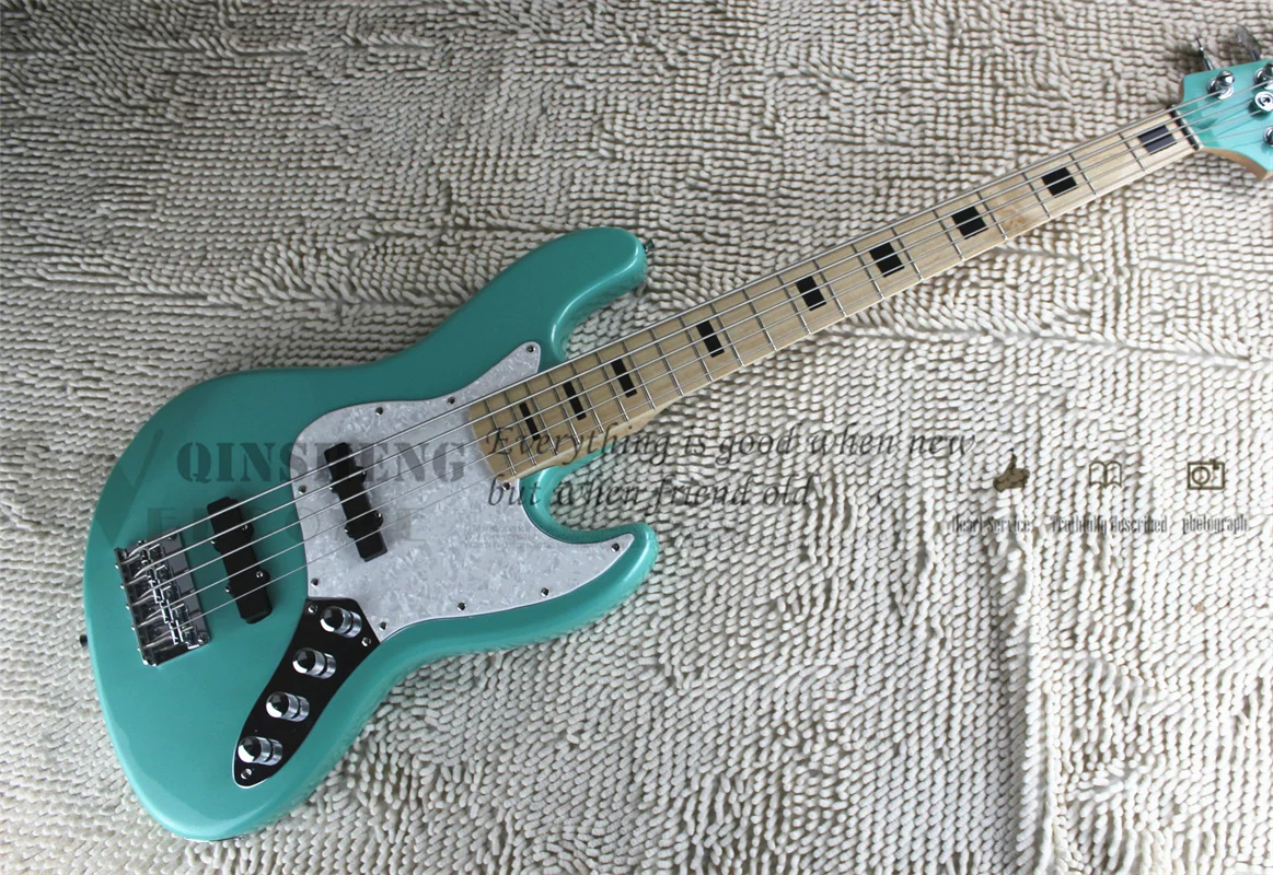 5 Strings Bass Guitar JB Bass Blue Green Body Maple Neck Chrome Bridge White shell pickguard active battery case