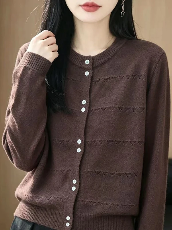 Women's Knitted Hollow out round Neck Open Cardigan Slimming Stylish Sweater Versatile Outerwear Top for 2026 Winter Season