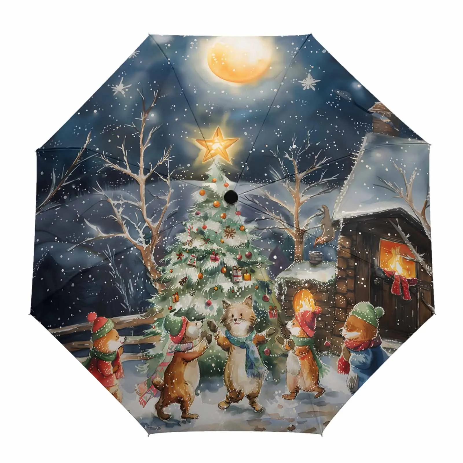 Christmas Tree Colorful Forest Moon Bonfire Animals Outdoor Rain Umbrella for Women Fully-automatic Foldable Sun Umbrella