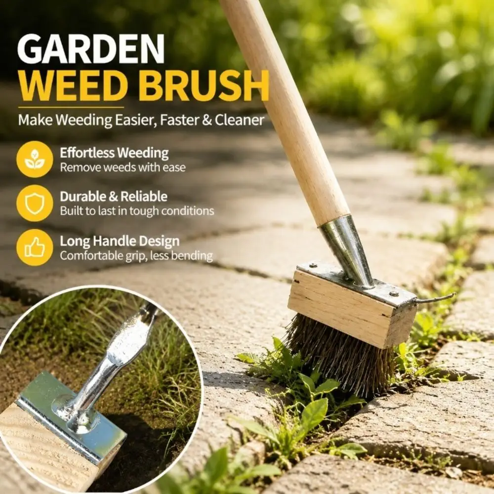 Solid Wood Handle Weeding Brush Long Handle 100mm Length Garden Brush Steel Wire Bristles Ergonomic Handle Ground Scrubber