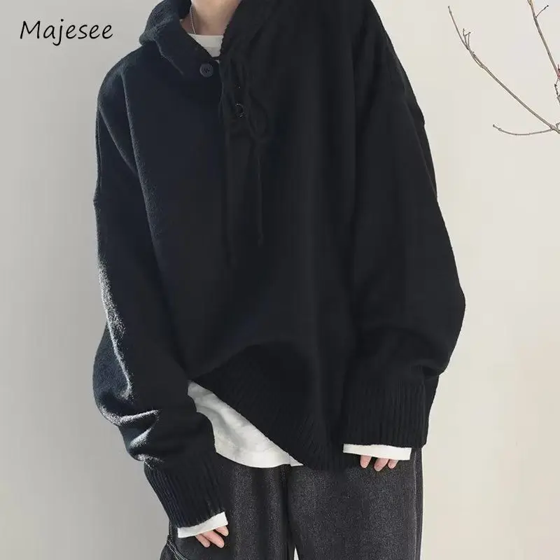 

Hooded Sweaters Men Lace-up Slouchy Retro Korean Preppy Style Autumn Winter Solid Baggy Temperament Normcore Knitwear