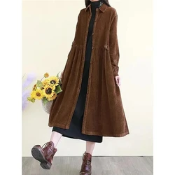 Fashion Mid-Length Corduroy Windbreaker For Women 2024 Spring Autumn Winter Coat Loose And Slimming Casual Trench Coat Outerwear