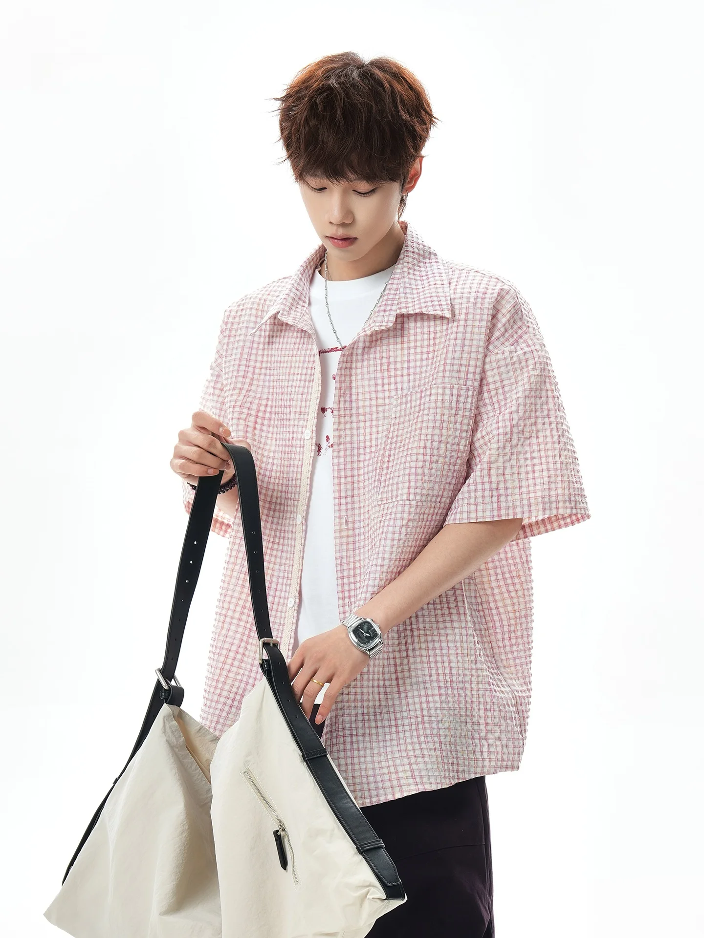 

Летняя клетчатая рубашка из жатой ткани с кружевной текстурой, короткий рукав, верхняя одежда для мужчин и женщин, пляжная повседневная одежда, дышащий полиэстер