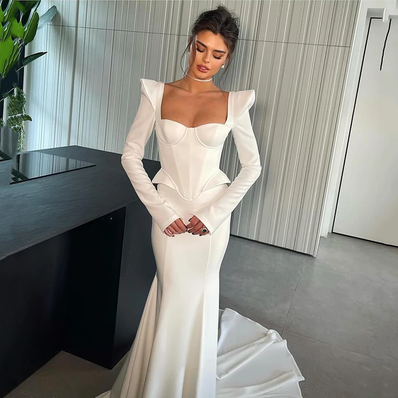 

Eightree White Mermaid Wedding Dresses Sweetheart Long Sleeve Sweep Train Wedding Gowns Boho Beach Bridal Prom Dress Plus Size