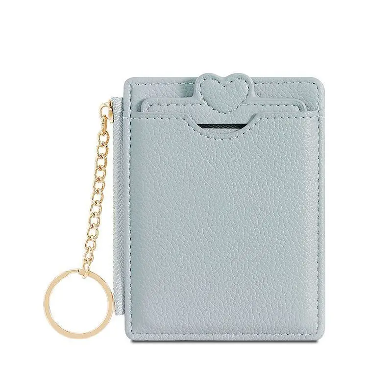 Heart Decor Mini Card Holder with Keychain Slim Wallet Portable Card Pouch Light Blue Pink Silver Black