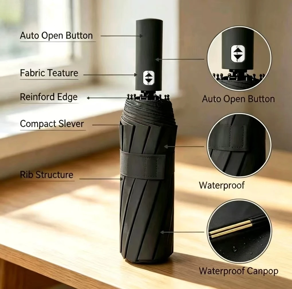 Large 106cm Auto Open Close Folding Umbrella with 24 Bones, Dual-use Rain Sun Shade Umbrella for Outdoor Travel
