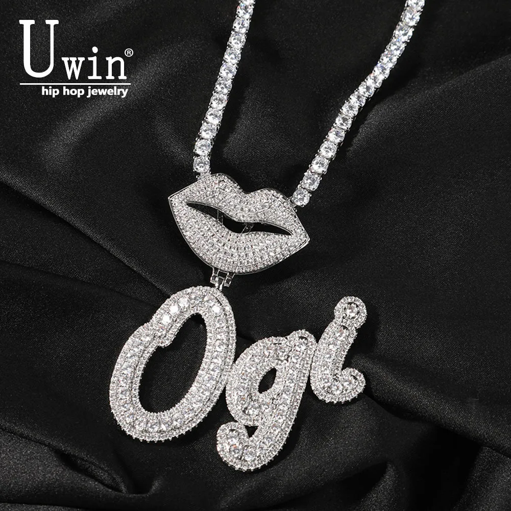 

Uwin Lips Bail Brush Cursive Letter Pendant Name Necklace Pendant Micro Paved CZ Personalized Baguettes Chain Hiphop Jewelry