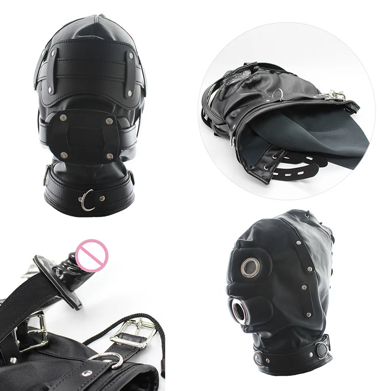 PU Leather Headgear Hood Dildo Open Mouth Oral Gag Bite Silicone Penis Plug Lockable Harness BDSM Bondage Adult Playing Sex Toy