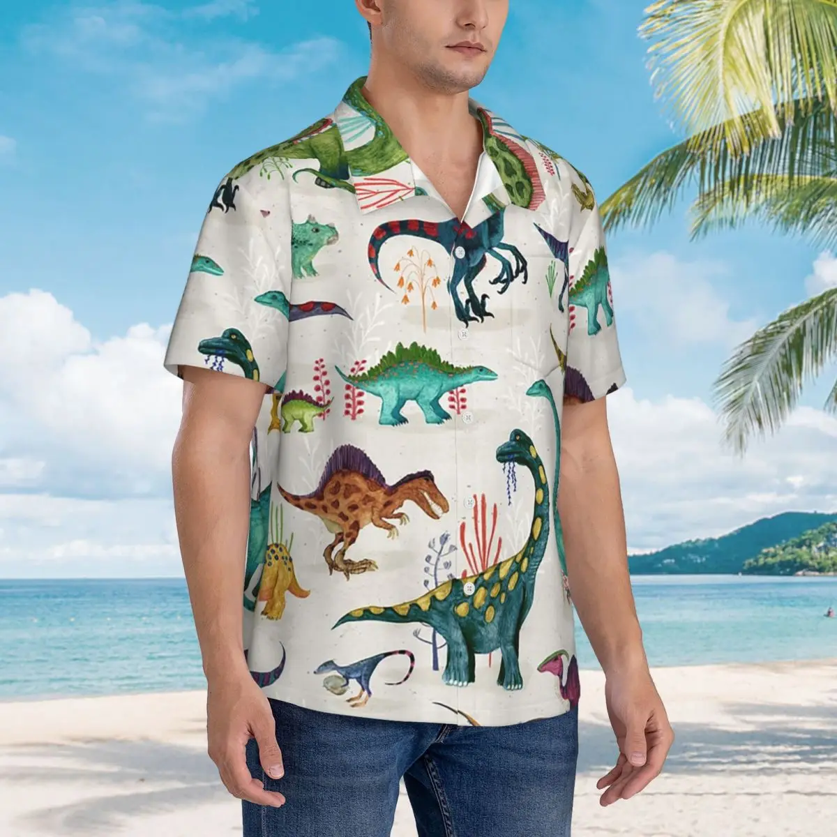 

Bright Dinosaurs Hawaiian Shirts Casual Men Short Sleeve Shirt for Summer Beach Men's Button Tops